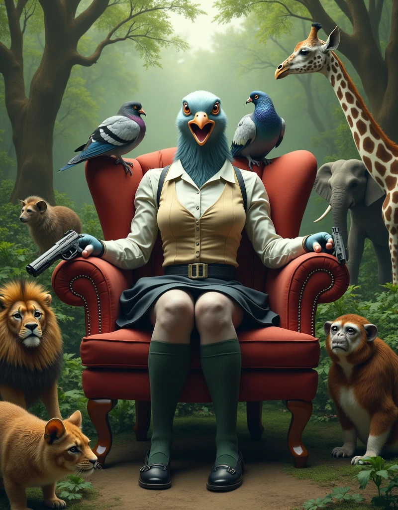 ((Highest quality)), ((In the forest surrounded by animals)), (photograph), (front), (Short sleeve:2), (Crossing one's limbs), (knee-length black skirt:1.2), 大きく口を開いているグレーの女性のハトがオフホワイトで襟付きの半そでシャツに薄茶色のベストを着てknee-length black skirtに濃い緑の靴下と黒の靴を履いて、He is sitting cross-legged in a plush chair with his arms outstretched, Lion, giraffe, mouse, Peacock, Parrot, Peacock, The monkeys and elephants in the group are arranged with purpose and intent., Holding a gun, (There is a beautiful parakeet on his shoulder.:1.2), Muscular grey female pigeon, photographのようなリアルな画像。