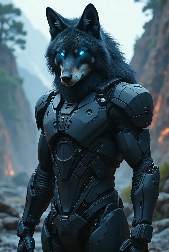 A scry dark wild wolf 
with robotic suit bule eyes standing with a pose
