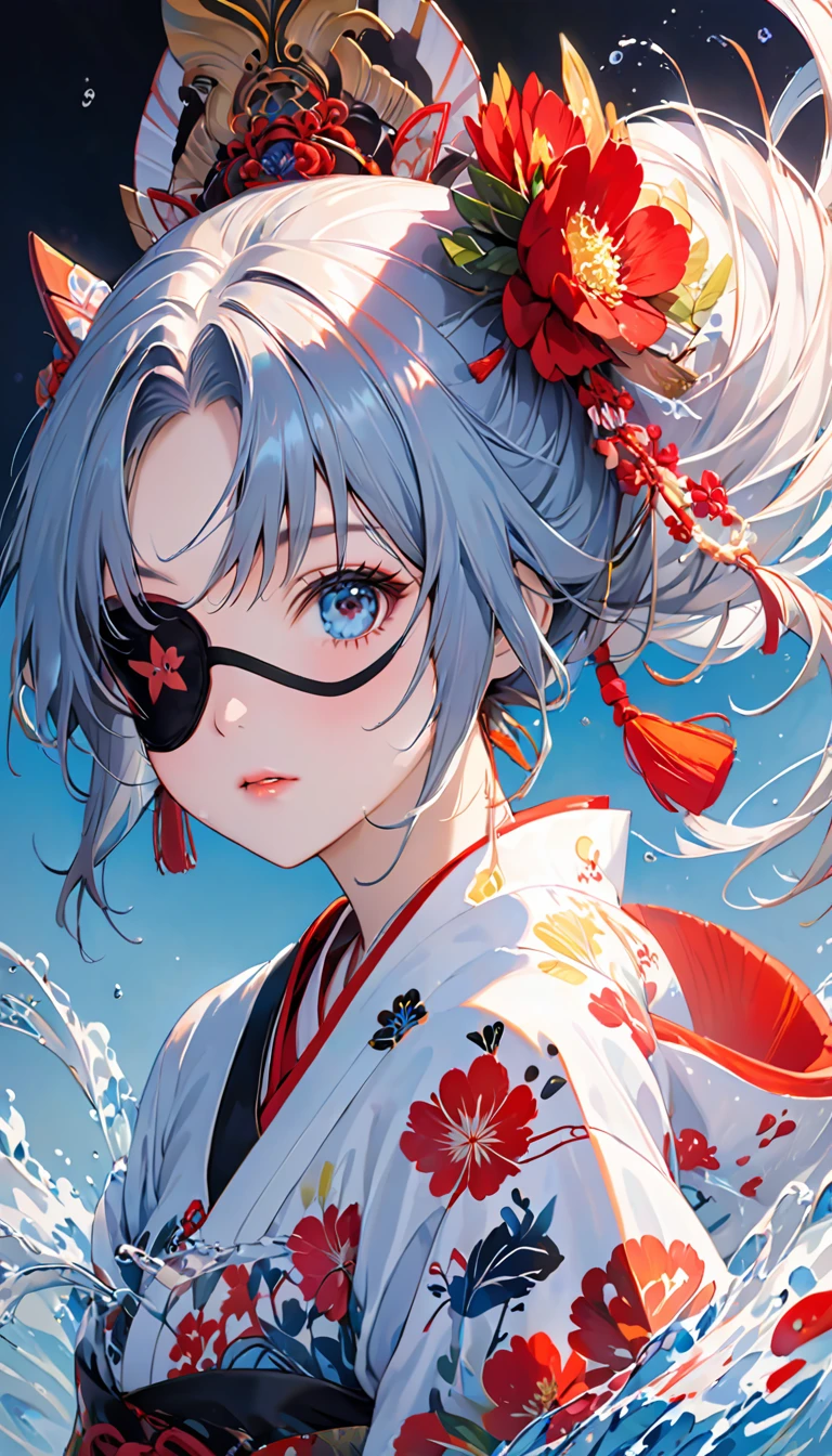 Ink painting, (((1 girl )), (((Tattoo in the middle of the forehead))), (((Oiran))), (((Great hair accessories))), Demon possession, ((Eye patch over:1.3)), (((Masterpiece、Highest image quality、Highest quality、Extremely detailed unit 8kWall paper))), ((Illustration of one girl、Upper body covered))、(((beautiful girl))), girl swimming underwater, Very detailed presentation style, It shines, Red Rose, light blue, brushwork, Ultra Realistic Oil Painting, Bright eyes, Head up close, Exaggerated perspective, Tyndall effect, drop of water, rainbow pearl, 3d white, black background,
