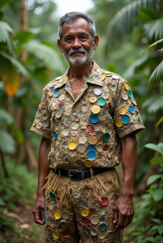 A man wearing recycled clothes using straw, bottle cap, and newspaper in traditional Philippine themed.