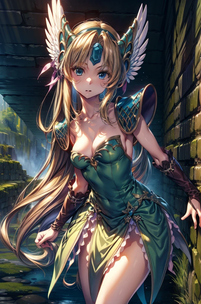 (masterpiece, Highest quality:1.2), Cowboy Shot, alone, one person, Riesz, View your viewers,, Long hair tied low, Winged Helmet,green dress, armor, shoulder armor, Bridal Gauntlet, Cleavage,(In a prison with iron bars:1.4),(Behind the iron bars:1.4)