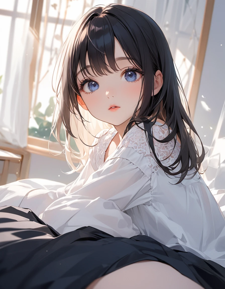 A cute girl is confined and tied up、Beauty、Make your eyes even、Hands are tied with ropes、Inside the hotel room、White short-sleeved shirt、Navy semi-long skirt、Lying in bed、Age 25、Medium build、Like real life、highest quality、