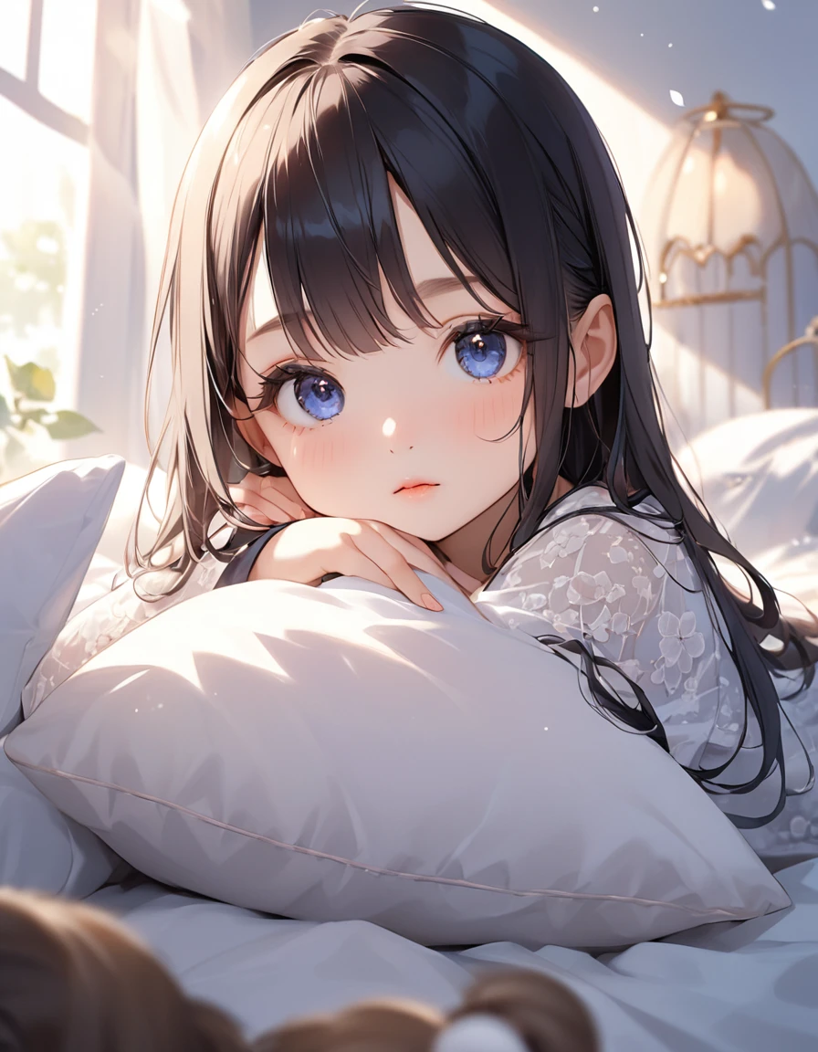 Portrait d'une jeune fille mignon au cheveux mi-longs noir et au yeux bleus en tenue pour fille avec une jupe et un petit haut blanc dans sa chambre assis sur son lit