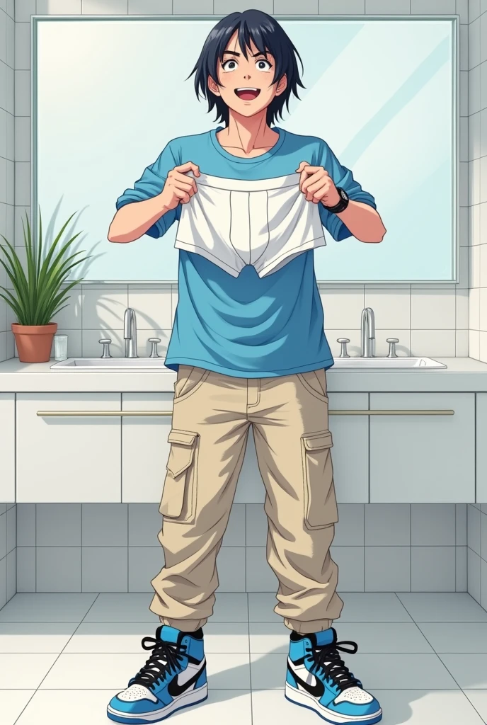 into the image, a cool teenager , with white skin and straight black hair, is posing in a bathroom. He wears a blue t-shirt and beige cargo pants., complemented by a pair of Air Jordan sneakers in blue, black andwhite. The young man is holding only a pair of underwear (of the boxer model), these underwear are his and are white with both hands, displaying it to the "Camera", with a happy and relieved expression. The bathroom in the background is modern and minimalist., with details like a large mirror and light tiles. The teenager's expression is relaxed and fun, besides him appearing relieved, giving a casual and informal tone to the image, In anime style, ele segura apenas uma cueca of the boxer model d tamanho dele!
