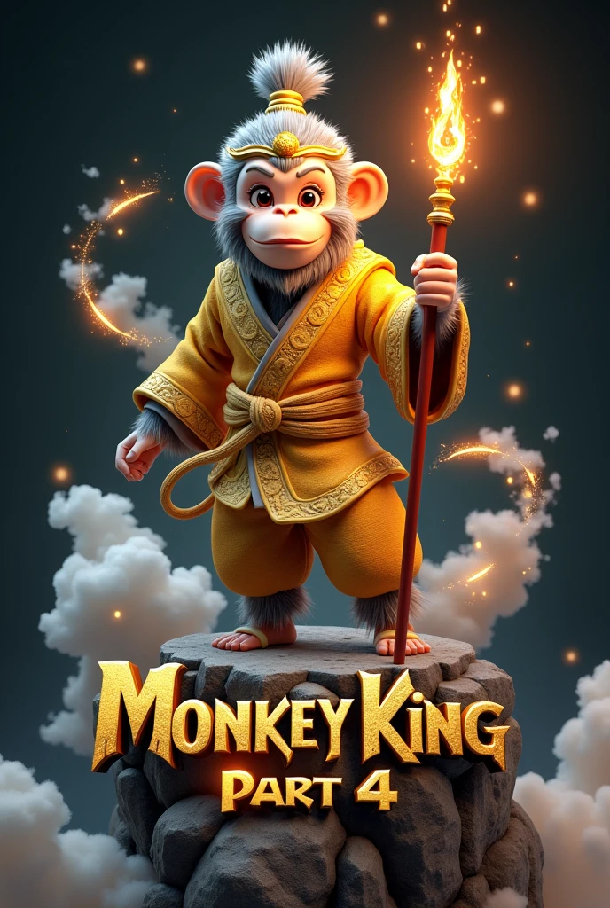 3D logo, a man who looks like an ape, a character from the movie Monkey King, wearing a yellow and golden son wukong costume, holding a gold staff and having a gold headband, is on a rock and is stylish, there is a name below in gold "Monkey King","Part 4", hyperrealistic, white smoke and bright lights in the background, black background