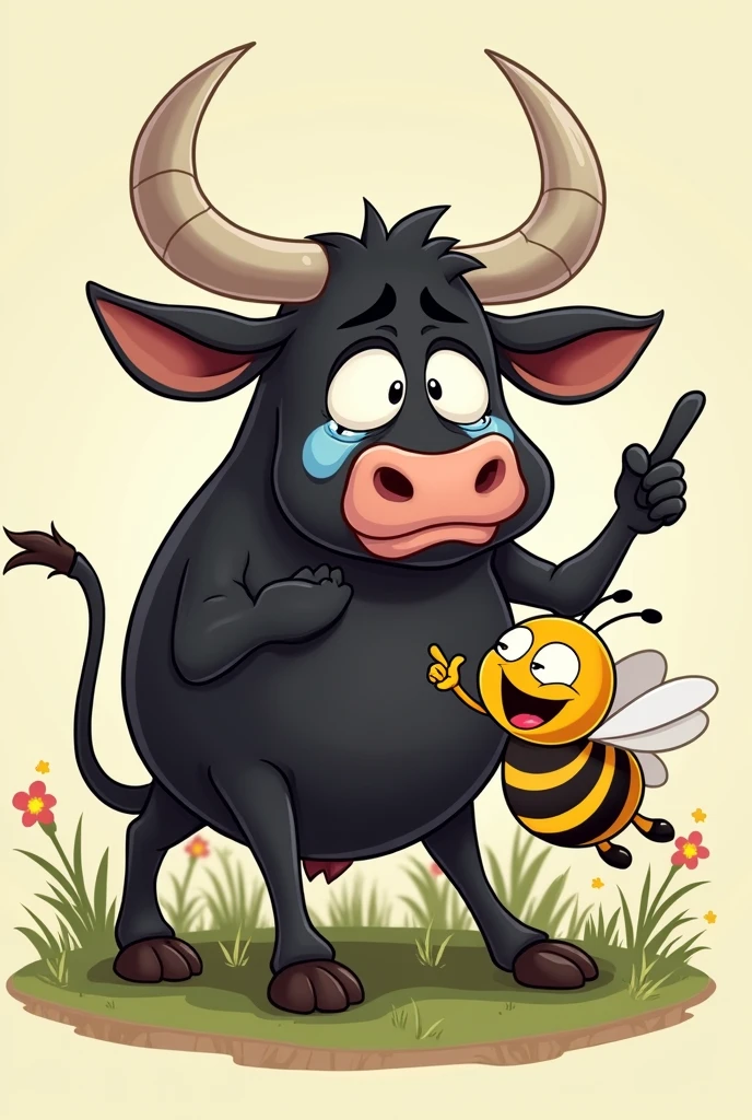 Draw a funny cartoon face of a black bull crying with eyes full of tears and a bee looking at him pointing its finger in his face and laughing.