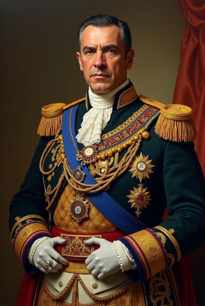 (masterpiece, best quality, oil painting, detailed:1.4), King George II, iconic (powdered wig:1.2), resplendent royal attire, intricate lace cravat, golden royal insignia, imposing throne, grand crown, noble expression, opulent palace backdrop, large draped windows, silk curtains, afternoon sunlight, warm colors, serene, looking off to the distance, close-up.