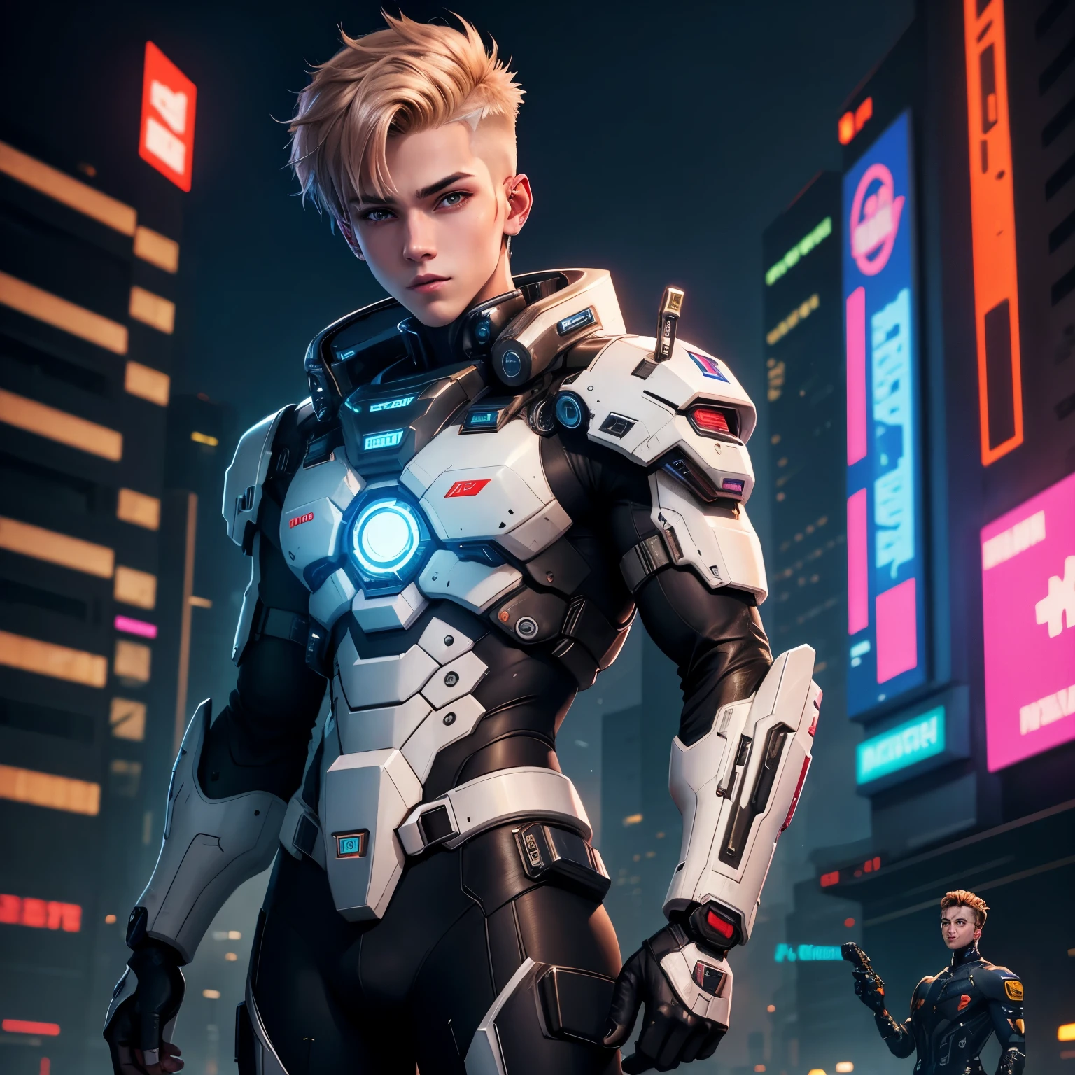 Cyberpunk boy,Short and clean hair,Caucasian,Cheerful,Wearing a mecha suit,handsome guy,