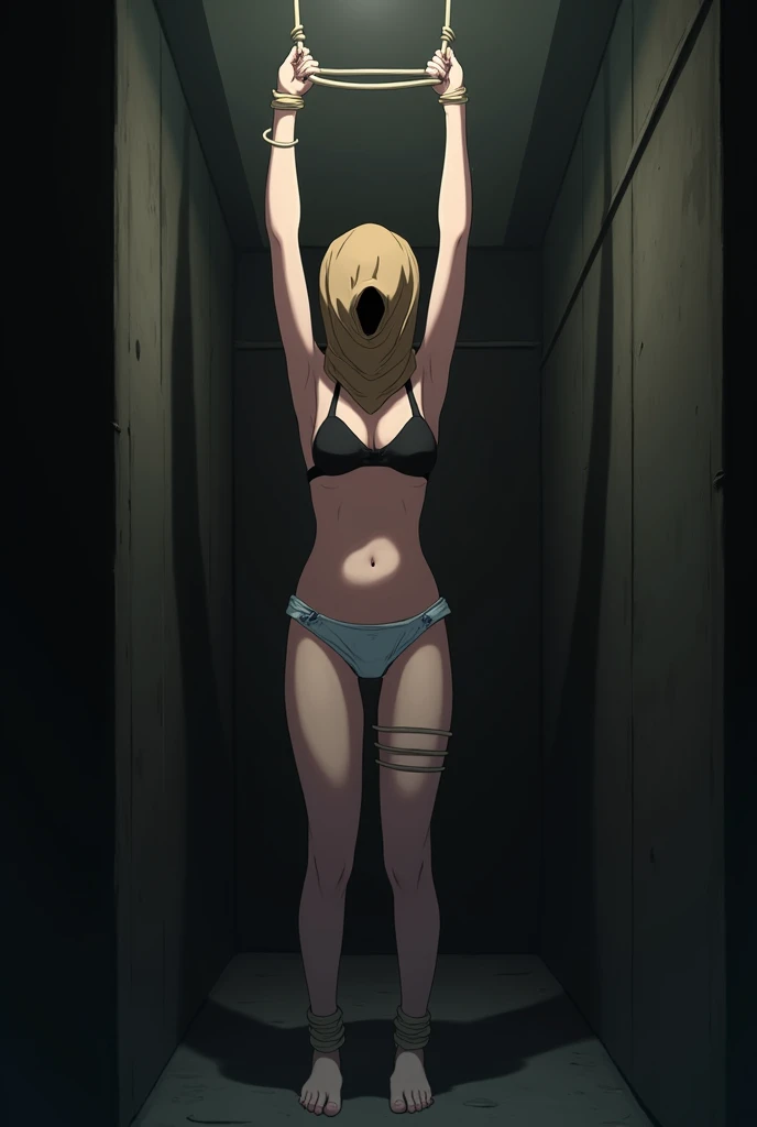 sekijou sawako, shibari, anime picture, bondage, bound, brown sack covering whole head, arms up, stripped, best quality, ultra-detailed, high resolution, extremely detailed cg, unity 8k wallpaper, masterpiece, perfect skinny body, femsub, BDSM, light blue panty, black bra, small breasts, at night, standing, dark room, Sekijou Sawako, torture room, tied up tight wrist together above head with suspension rope from ceiling, tied up ankle together, standing nearby wall, bracing,
