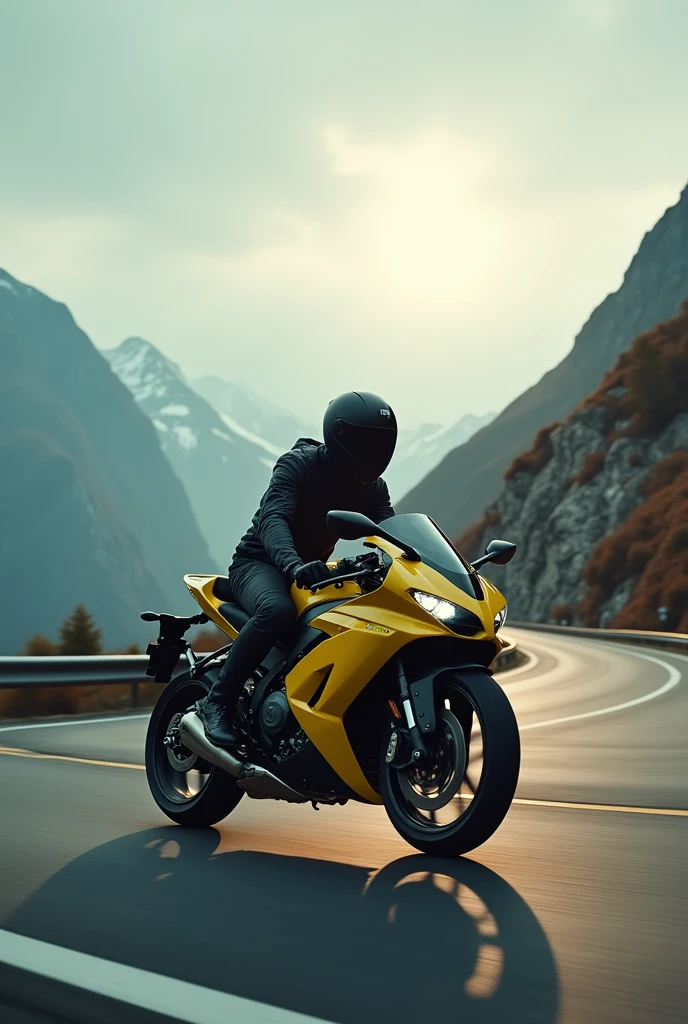 A biker with advanvce safety gear, Kawasaki H2RSX Yellow Bike, crusing on a mountain highway, dawn time, dim sun through clouds silver lining, Winter season , Prime Lense Landscape Shot, Sun glare on lense