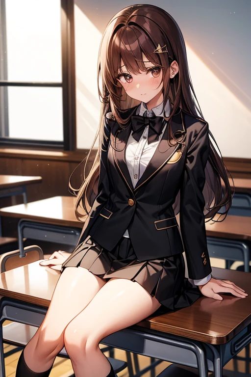 sitting, 1girl, long brown hair, brown eyes, crescent hair ornament, skinny body, small breasts, blush, school uniform, blazer, black jacket whit white edges, black skirt whit white edges, plated skirt, school black tie, black socks with white details, classroom indoors