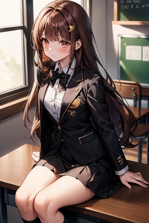 sitting, 1girl, long brown hair, brown eyes, crescent hair ornament, skinny body, small breasts, blush, school uniform, blazer, black jacket whit white edges, black skirt whit white edges, plated skirt, school black tie, black socks with white details, classroom indoors
