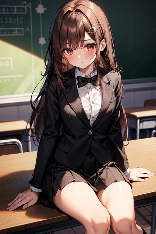 sitting, 1girl, long brown hair, brown eyes, crescent hair ornament, skinny body, small breasts, blush, school uniform, blazer, black jacket whit white edges, black skirt whit white edges, plated skirt, school black tie, black socks with white details, classroom indoors 