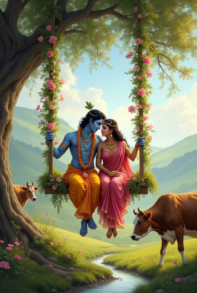 Krishna and Radha swinging with cows