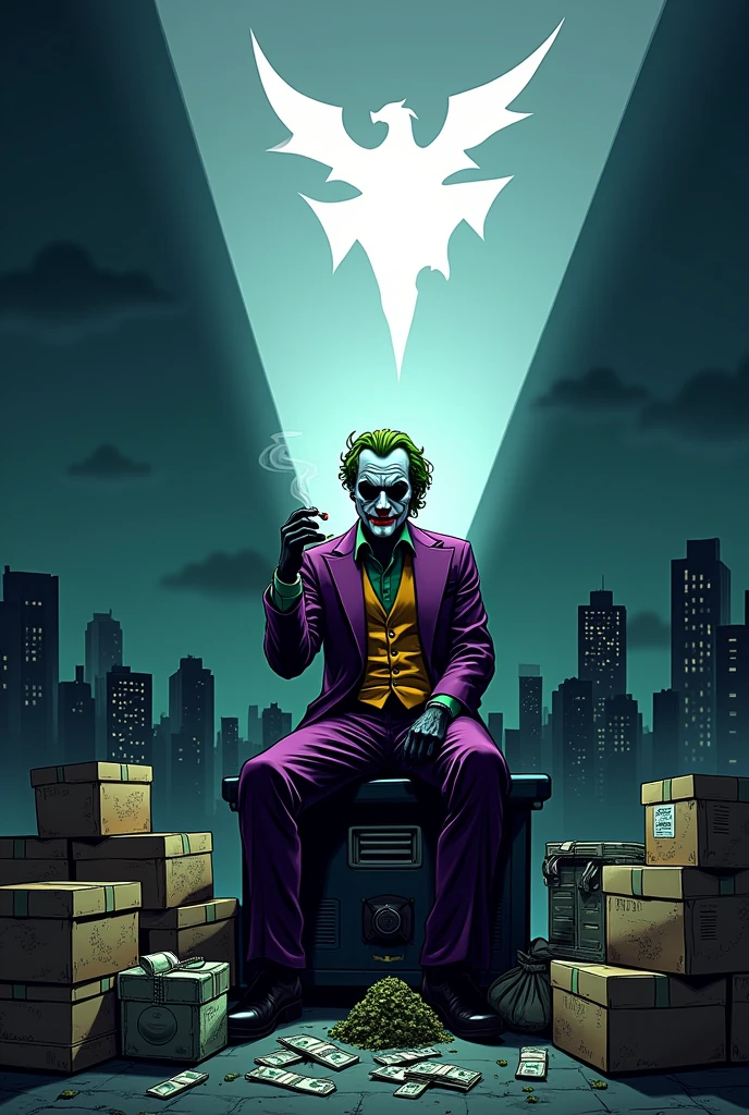 gotham city la nuit avec un projecteur sur un toit qui projette dans le ciel un logo blanc avec une carte d'as ou il y'a écrit dessus Gotham Coffee35 et il y'a le joker qui fume un cigare assis sur le projecteur avec une paire de lunettes noir avec des boites et des sac remplie de cannabis et de drogue et des liasses de billet a coter de lui en cartoon