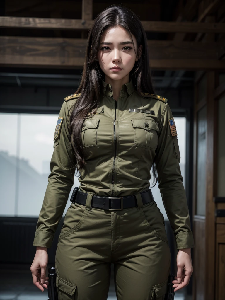 A Japananese beatiful girl, wearing united states army uniform, long legs, Black hair, tight united states army military trousers, stand up, looking to viewer, united states army uniform,stand up,military uniform, standing up tight military uniform