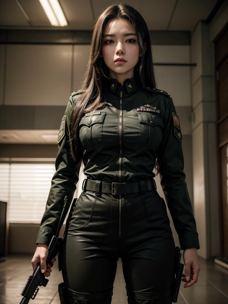 Woman in military uniform and weapons, full hd, 4K, striking look, long hair, marked jaw, military woman, outlined body, black military uniform, tactical pants, captain, thick-thighs
