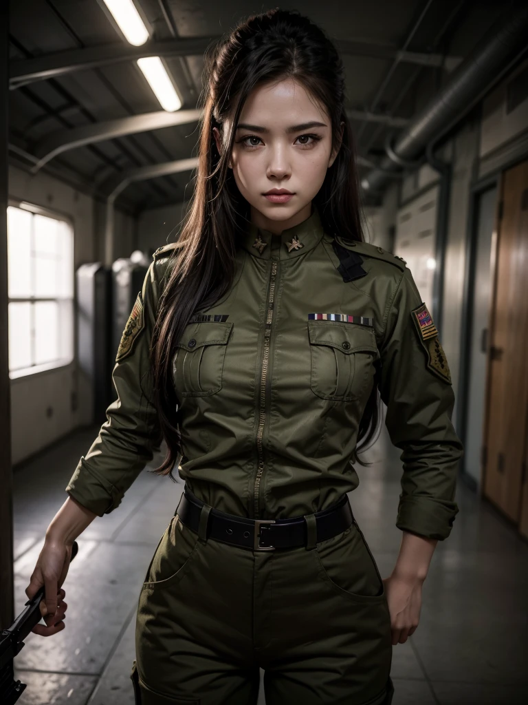 Woman in military uniform and weapons, full hd, 4K, striking look, long hair, marked jaw, military woman, outlined body, black military uniform, tactical pants, captain, thick-thighs