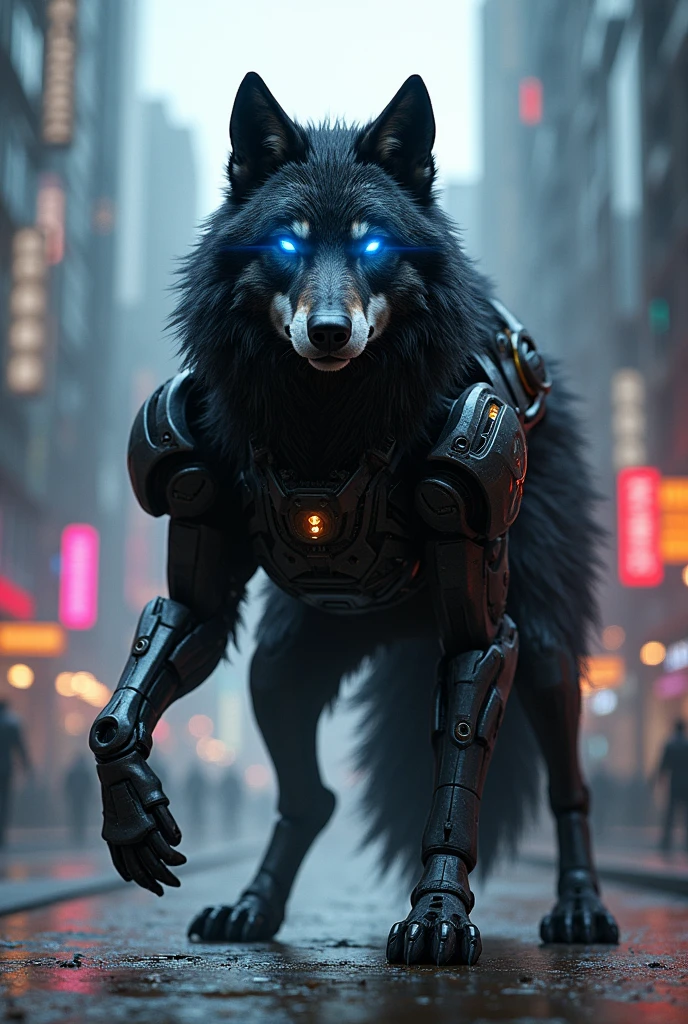 A scry dark wild wolf
with robotic suit bule eyes standing with a pose in a city