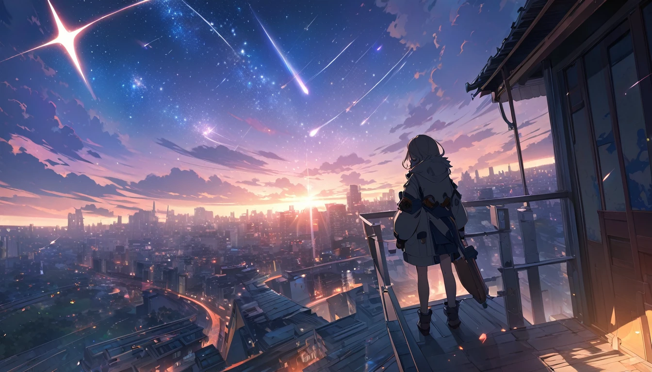An anime character standing on a rooftop gazing at the stars, Anime Wallpaper 4k, Anime Wallpaper 4 k, 4k Anime Wallpaper, Anime Art Wallpapers 8K, anime art wallpaper 4k, anime art wallpaper 4k, Anime Style 4k, Makoto Shinkai Cyril Rolland, 4K Manga Wallpapers, Anime Wallpaper, Awesome Wallpapers, shooting star