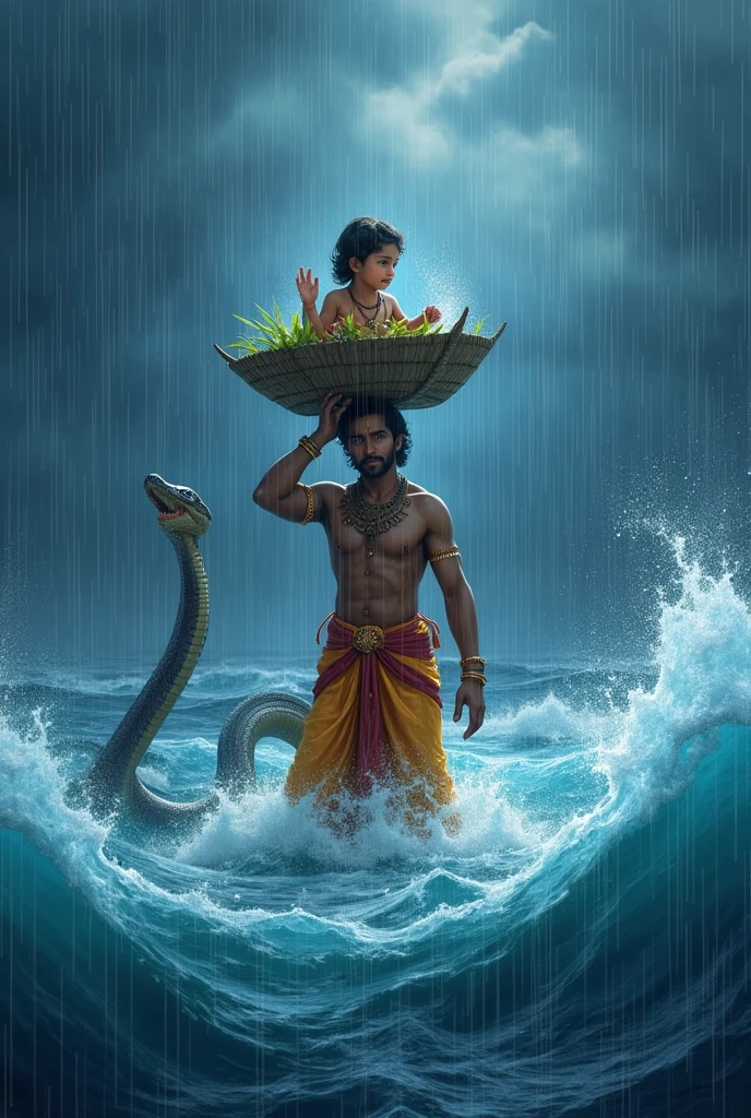 Lord Krishna father carrying him on bamboo basket on his had and crossing blue sea in heavy rain and five headed Cobra standing behind him
