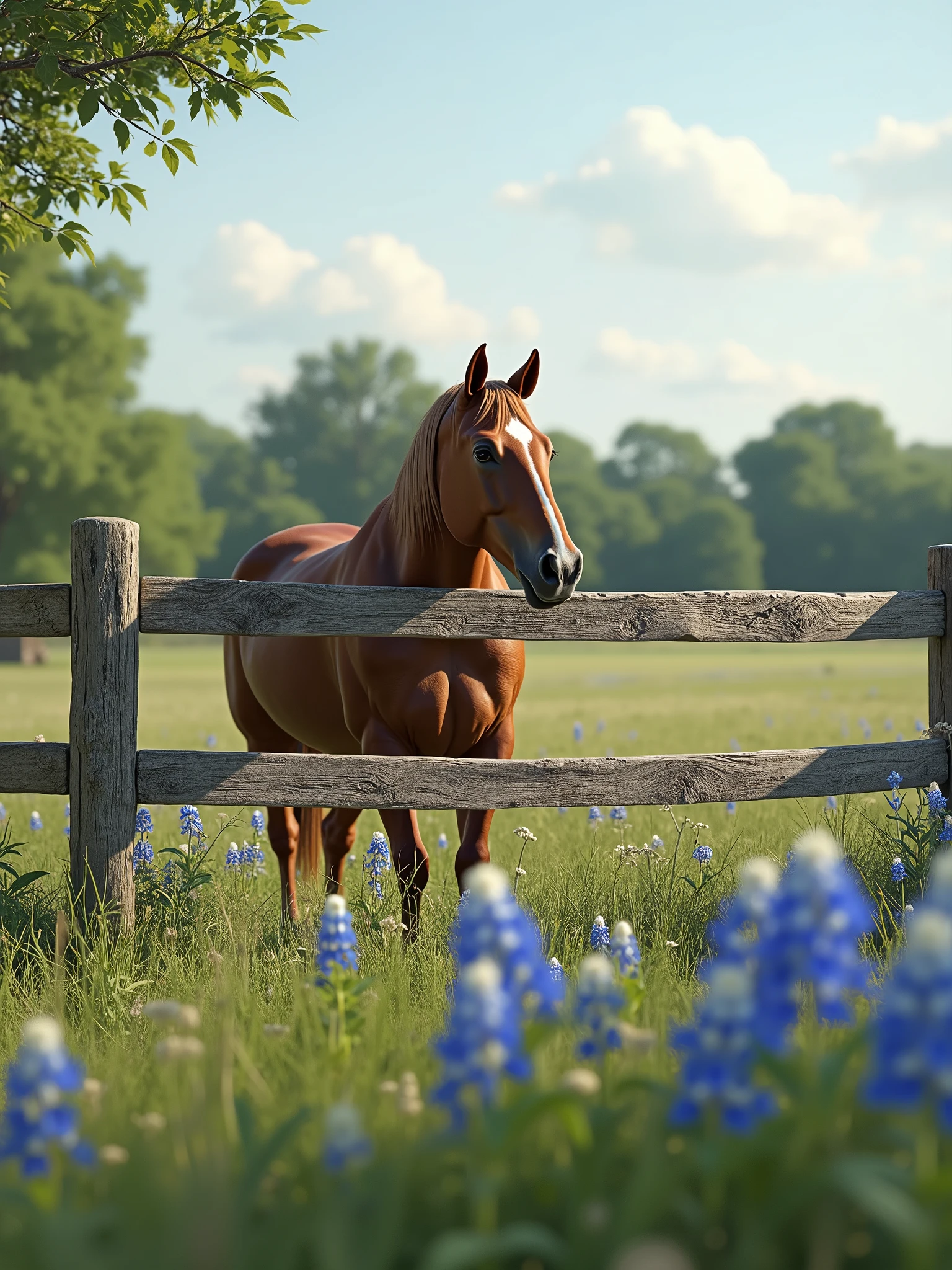 ultra high resolution, ultra real, 35mm, a three board corral fence with a horse behind the fence and some blue bonnetts in a grassy meadow --ar1:1