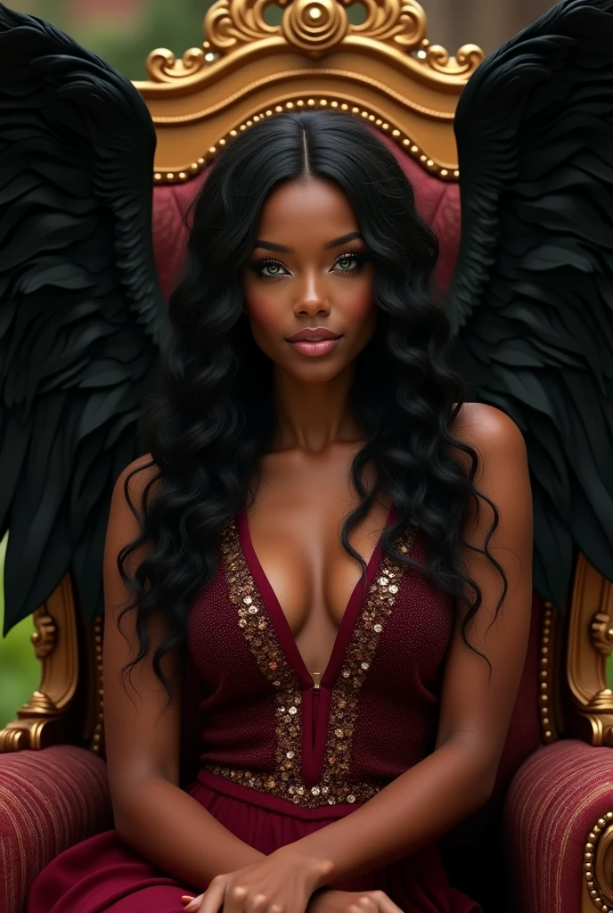 A (((stunningly beautiful woman))) with (((brown skin))), (((bright green eyes))), and (((extremely long, sleek straight black curly hairs with big black wings))), dressed in a (((dazzlingly elegant dark red dress))), adorned with luxurious ((gold accents)), posed in a (((a luxurious throne))) with a (((full body view))), exuding an air of unparalleled splendor