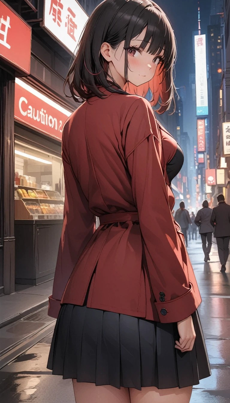 High resolution,masterpiece,Highest quality,Very detailed,Browsing Caution,One person,city, street,Put your arms behind your back, Black Skirt, Red coat, Eye focus,