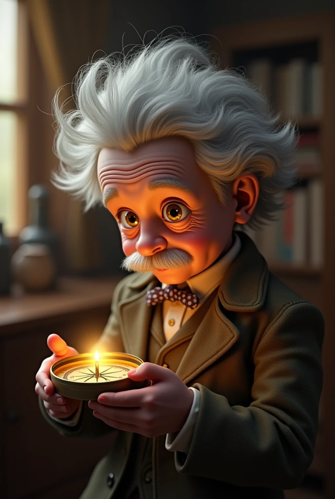 A young Albert Einstein, wide-eyed with wonder, holding a simple compass in his hands. The background shows a cozy, old-fashioned room with warm lighting, where the compass needle is glowing faintly, symbolizing the spark of his curiosity. The scene conveys the beginning of his lifelong fascination with science.