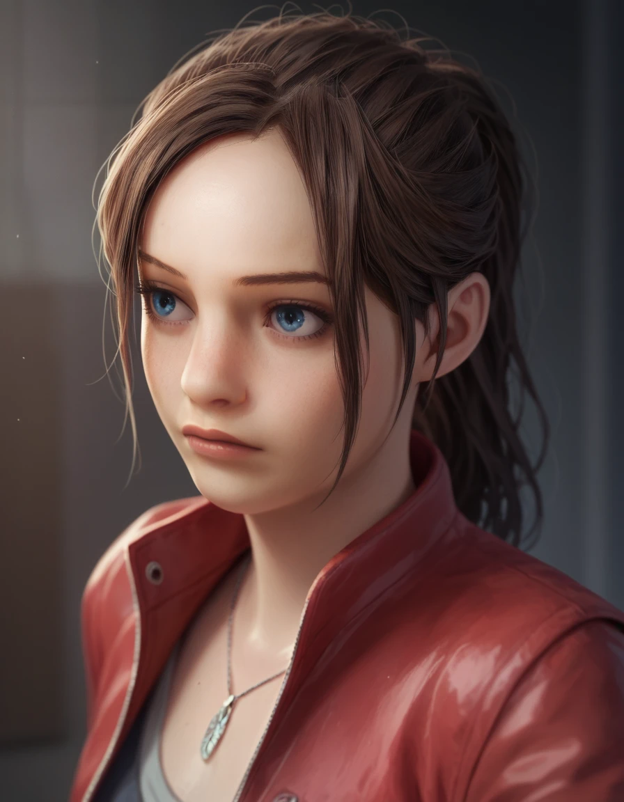 Claire redfield, brownhair, clear blue eyes, upper part, red jacket, looking at the spectator, best qualityer 