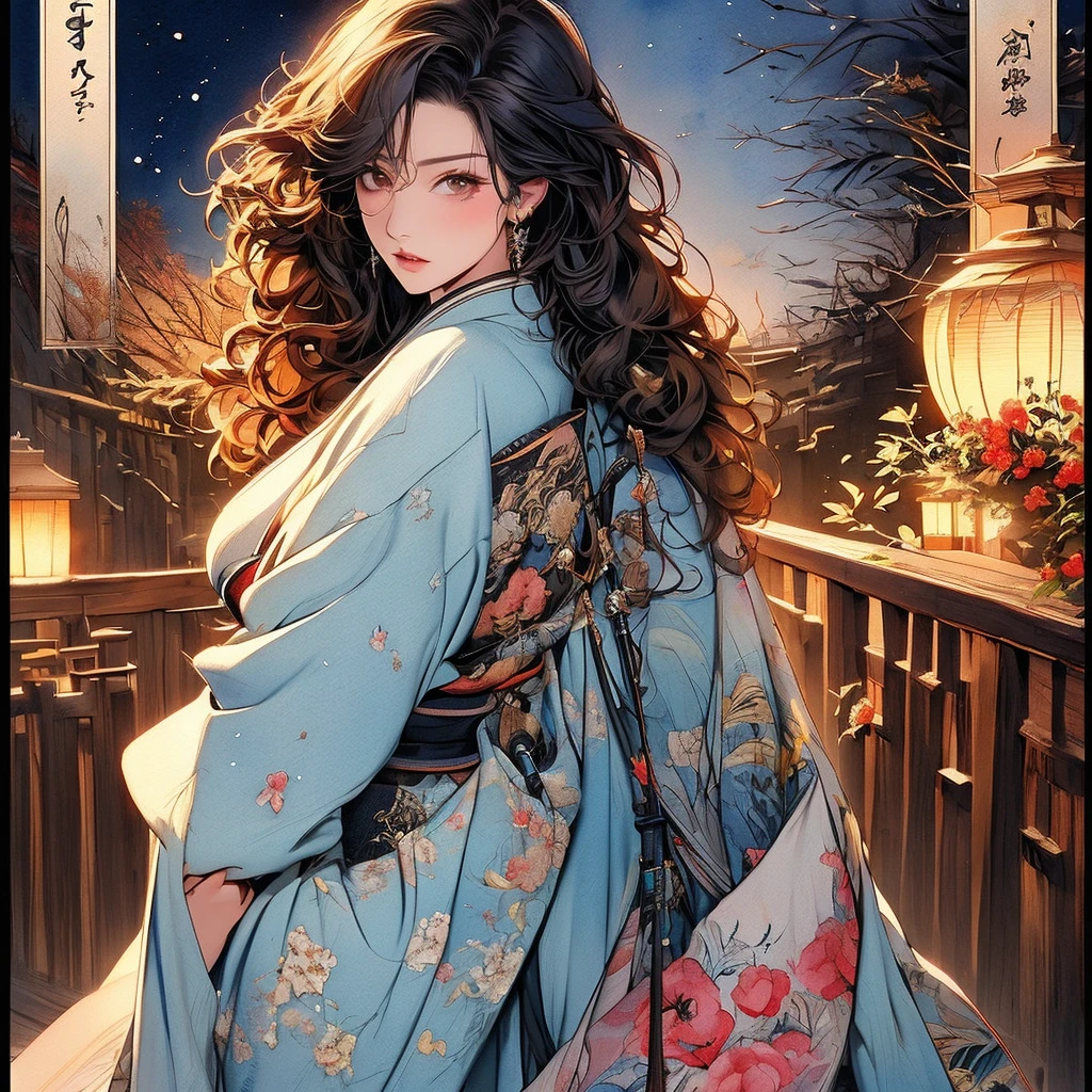 ​masterpiece: 1.7, top-quality, very extremely beautiful, Delicate use of colors、A detailed face、 art by, (watercolor paiting(Curly)、Official art、realisitic、Beautifully Aesthetic:1.3)、(1girl in:1.3)、(Fractal Art:1.3)、(Kimono)、The upper part of the body、looking at the viewers、patterns、Flowers and Birds Fugetsu、Yuki、Thousand Cranes、云、lantern、starrysky、stele、(masutepiece, Best Quality), Highly detailed, Sexy Female Ronin,  Samurai, Cherry border, Japan tattoos,  katanas, Japan, Night, Moonlight, Vector style art, Erotic, Movie Poster Style, lettering.