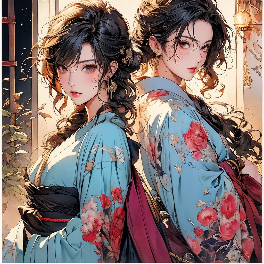 ​masterpiece: 1.7, top-quality, very extremely beautiful, Delicate use of colors、A detailed face、 art by, (watercolor paiting(Curly)、Official art、realisitic、Beautifully Aesthetic:1.3)、(1girl in:1.3)、(Fractal Art:1.3)、(Kimono)、The upper part of the body、looking at the viewers、patterns、Flowers and Birds Fugetsu、Yuki、Thousand Cranes、云、lantern、starrysky、stele、(masutepiece, Best Quality), Highly detailed, Sexy Female Ronin,  Samurai, Cherry border, Japan tattoos,  katanas, Japan, Night, Moonlight, Vector style art, Erotic, Movie Poster Style, lettering.