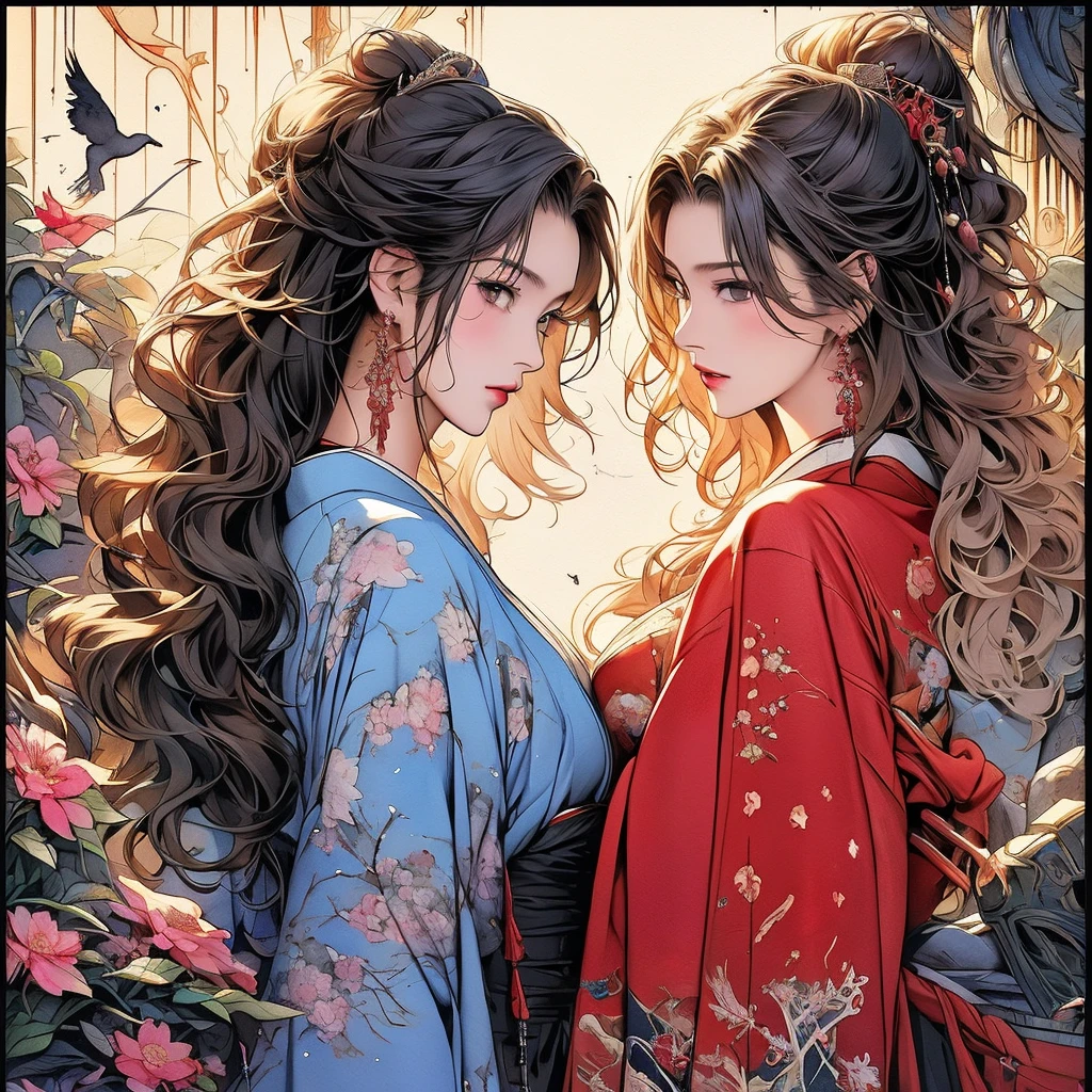 ​masterpiece: 1.7, top-quality, very extremely beautiful, Delicate use of colors、A detailed face、 art by, (watercolor paiting(Curly)、Official art、realisitic、Beautifully Aesthetic:1.3)、(1girl in:1.3)、(Fractal Art:1.3)、(Kimono)、The upper part of the body、looking at the viewers、patterns、Flowers and Birds Fugetsu、Yuki、Thousand Cranes、云、lantern、starrysky、stele、(masutepiece, Best Quality), Highly detailed, Sexy Female Ronin,  Samurai, Cherry border, Japan tattoos,  katanas, Japan, Night, Moonlight, Vector style art, Erotic, Movie Poster Style, lettering.