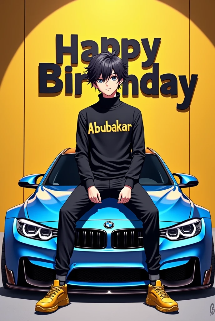 A 18year anime old boy is sitting on a BMW m4 wearing black jazz pants and black tight high neck and with beautiful eyes and hair back ground a wall of golden color and have Happy birthday on the wall with black color and written ABUBAKAR ON HIS HIGH NECK WITH GOLDEN COLOR AND WEARING GOLDEN CHUNKY SNEAKERS AND BMW COLOR IS BLUE WITH FULL BODYKIT and tint mirrors