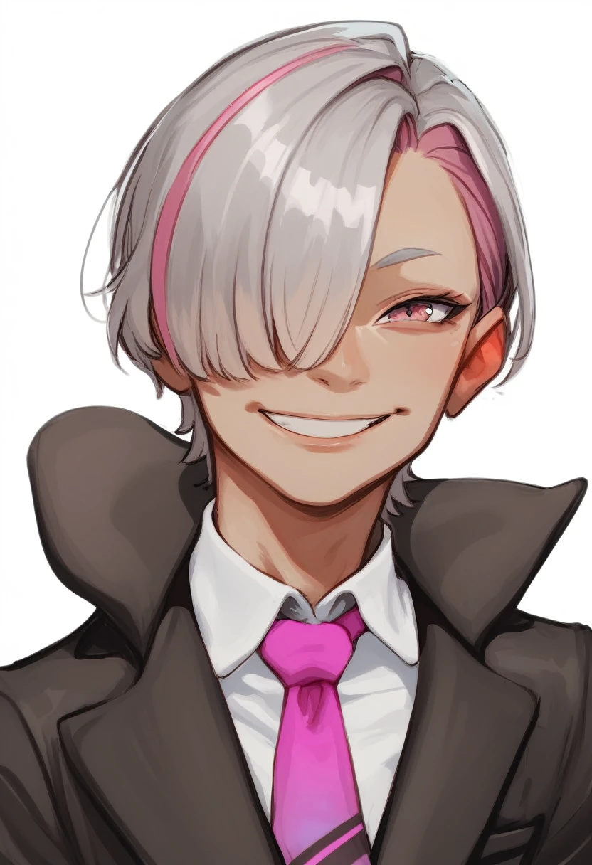 1boy, male focus, solo, one eye closed, smile, white background, grey hair, multicolored hair, simple background, upper body, hair over one eye, virtual youtuber, pink hair, looking at viewer, streaked hair, tie, suit jacket,
true anime style,  