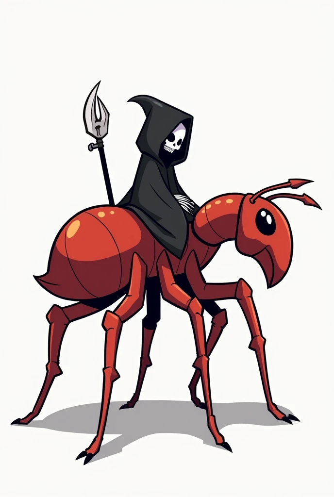 Death (Brawl star character) on top of a red ant, riding her like a horse. animated cartoon, to black and white, Simple.