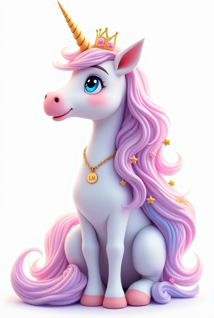 a white unicorn standing looking to the side, cute Disney Pixar style, cute face, O Unicórnio is on its side and standing looking sideways forward , showing all the unicorn, Loose, voluminous, flowing curly hair in lilac colors, Pink, yellow, Unripe, cerúleo, putridity, Unripe, hair and mane with all the colors of the rainbow, with a predominant strong lilac, em volta do cabelo pequenas flores Pinks forte com folhas Unripes e também estrelas, Dedicated gold chain with pendant and inside the pendant the delicate capital letters LM on the neck, BLUE eyes and the unicorn sparkles with some sparkles, Feema unicorn white background, Flying hair, very voluminous, golden tiara on delicate head white background and unicorn stands out from the background, O Unicórnio has sparkling sparkles in its hair, The Unicorn is fuller, The face of the little god, strong lilac hair with blue bangs, Pink, yellow, Unripe the png image background with great quality, clearly visible