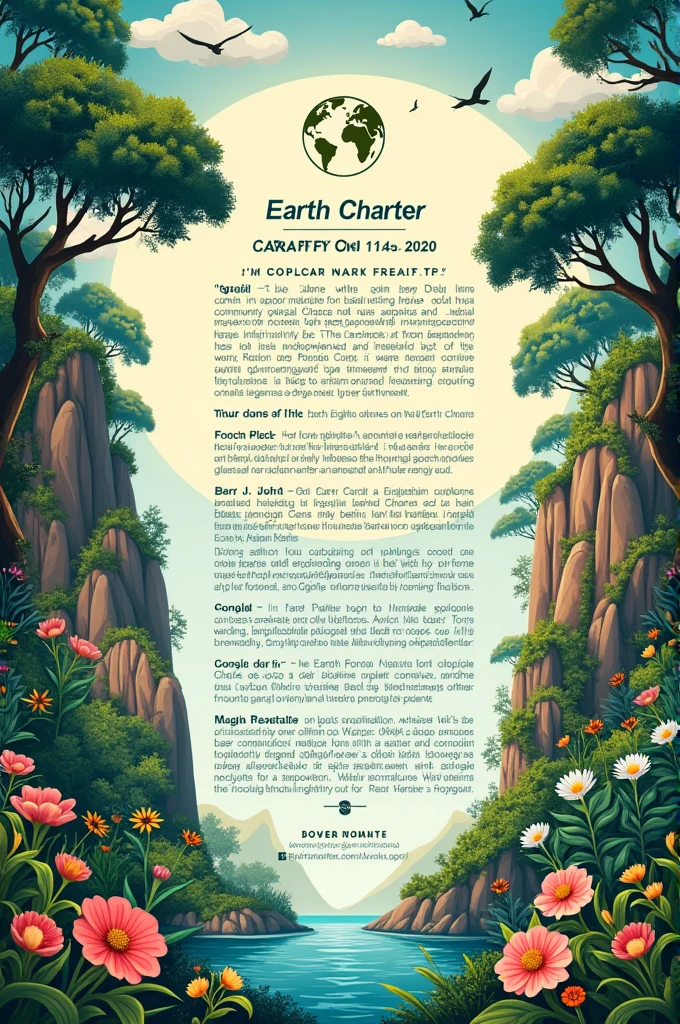 Create a poster to promote the Earth Charter and make everyone want to read it, place text elements in the image and get inspired by it: I. Respect and care for the community of life The passage emphasizes the need to respect the Earth and all the diversity of life it harbors, recognizing that all living things are interconnected and have intrinsic value, regardless of its usefulness to humans. Affirms the importance of recognizing the inherent dignity of all human beings, valuing your intellectual potential, artistic, ethical and spiritual. Furthermore, highlights the importance of caring for the community of life with understanding, compassion and love, recognizing that the use and management of natural resources must be accompanied by a commitment to avoid harm to the environment and protect the rights of people. The passage also highlights the responsibility of using freedom, the knowledge and power acquired in order to promote the common good. In addition, advocates the construction of democratic societies that are fair, participatory, sustainable and peaceful, ensuring that everyone has their human rights and fundamental freedoms guaranteed, as well as the importance of preserving the Earth&#39;s gifts and beauty for future generations, recognizing that the actions of each generation must take into account the needs of the next, transmitting values, traditions and institutions that ensure the long-term prosperity of human and ecological communities. 

II. Ecological integrity This excerpt highlights the importance of protecting and restoring the integrity of Earth&#39;s ecological systems., focusing on the conservation of biodiversity and the natural processes that sustain life. The adoption of sustainable development plans that integrate environmental conservation into all development initiatives is advocated.. This includes the creation and protection of nature reserves and marine areas to preserve ecosystems and biodiversity., al
