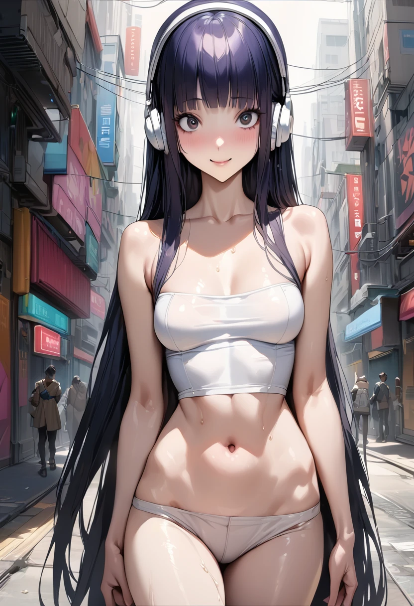 ((masterpiece,best quality anime,Highest quality:1.3)),realistic,cowboy shot,1woman,独奏,(30 year old beauty),((very small head:1.4)),((very long body:1.4)),(dark blue hair),straight long hair,(gorgeous big eyes),black eyes,smile,((slender body:1.4,skinny)),medium breasts,(White tube top shirt、navel,White pleated miniskirt),((white headphone)),oily skin:1.2,gleaming skin,shiny skin, bustling street、Cyberpunk World、
