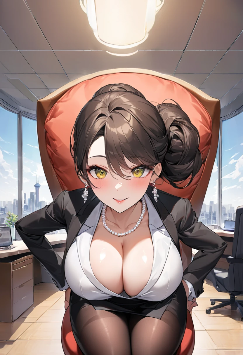 "Devious Curvaceous Japanese dominant very aged and old office lady confront me with curiosity and holy gaze to seduce and play with me like a sugar mommy seated on the office armchair with full authority and unmatched beauty, 3, height 163cm, business chic with hidden curves (92-63-93 cm), ample E-cup breasts concealed under blouse, slender 63cm waist, full 93cm hips, shapely legs, clear fair skin (RGB: 255, 233, 209), oval face with soft features, almond-shaped eyes (dark brown, RGB: 54, 38, 22) with double eyelids, straight nose, full lips with natural pink color (RGB: 222, 165, 1) in a professional smile, long black hair styled in an elegant French twist updo, subtle makeup suitable for office with focus on eyes and neutral lip color, wearing opened formal coat with a crisp white blouse with top buttons open hinting at cleavage and a waist corset, form-fitting dark gray pencil skirt accentuating hips and ending just above knees, black 3-inch devious heel pumps and sheer shiny 20 den pantyhose, delicate pearl necklace and earrings, standing confidently with one hand on hip in a modern office setting with floor-to-ceiling windows, Tokyo skyline view in background, soft natural lighting mixed with office fluorescents, corporate portrait style with a touch of glamour, shot with Sony A1 mirrorless camera, 85mm f/1.4 GM lens, ISO 200, 1/160 sec, 50MP resolution, focus on professional appearance with subtle emphasis on curves --ar 2:3 --q 2 --s 850 --v 6.0 --style raw"
