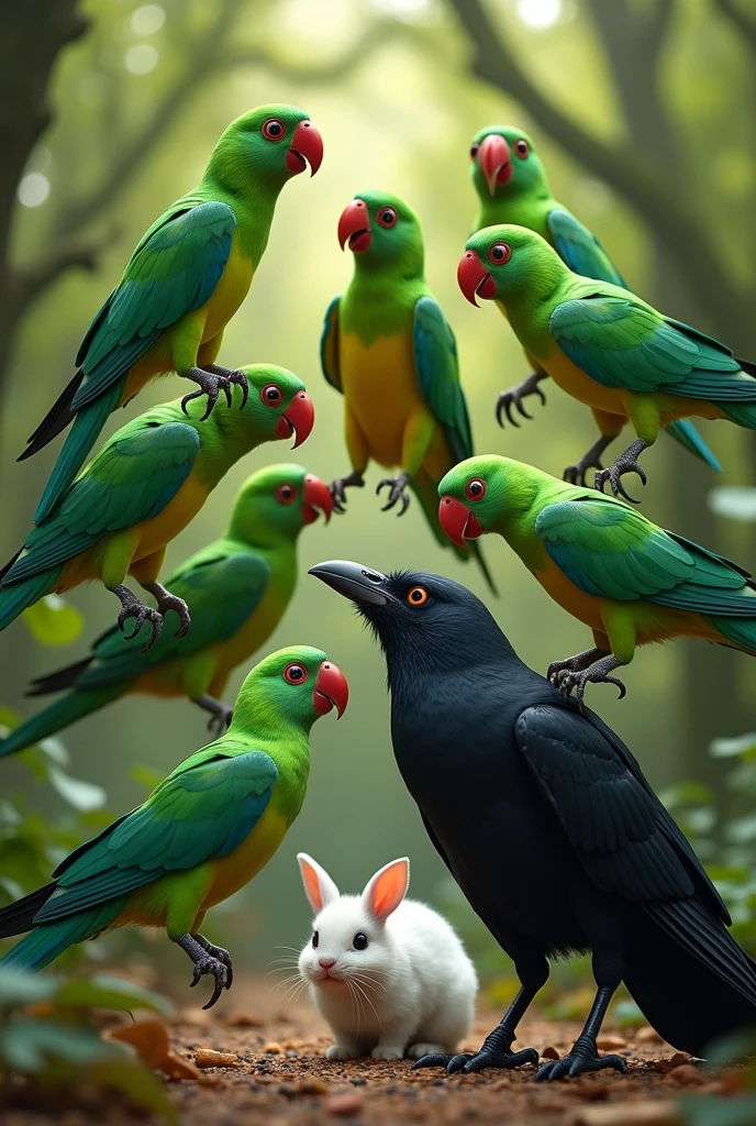 a group of many green parrots comes and make the black crow run away and saves the white rabbit