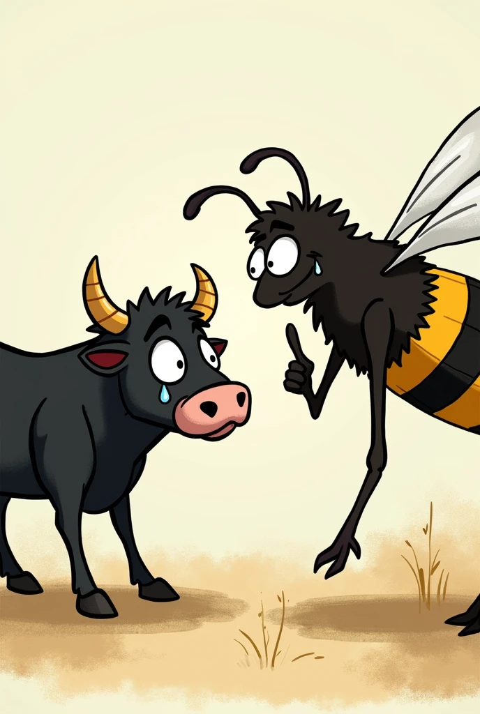 Draw a funny cartoon of a black bull's face crying with tears in his eyes and a very imposing bee looking at him pointing its finger in his face and laughing..