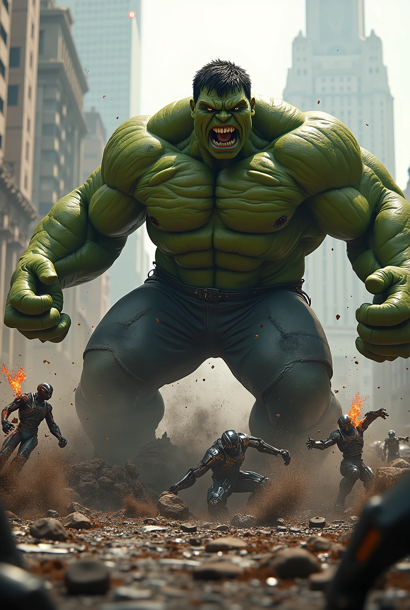 Hulk crushing robots sent by Ultron in a destroyed city.