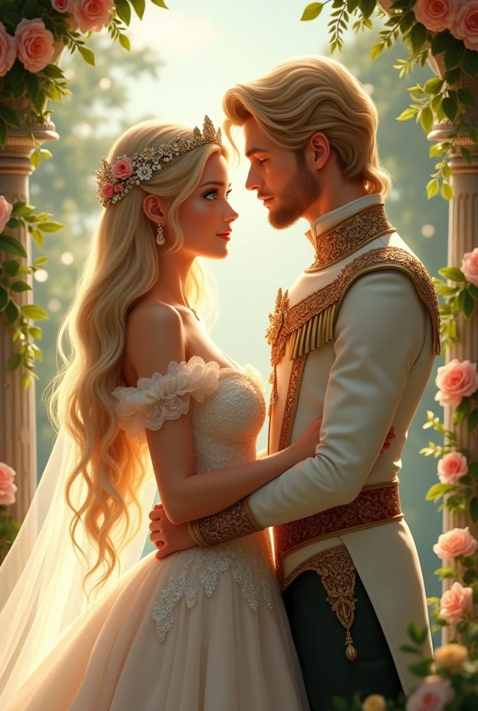 Beautiful pretty princess with blue eyes, with natural pink lips and straight eyebrows with blonde hair and a long white dress with sleeves down to her shoulders marrying a prince with green eyes and wavy blonde hair, different and realistic image,