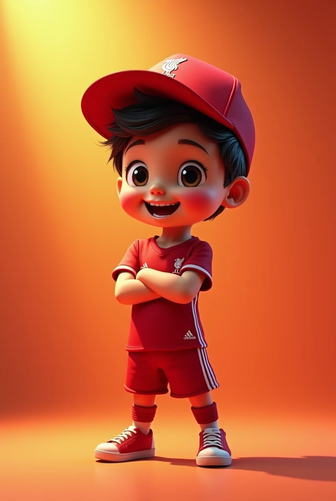 A cute manga cartoon character, small child, smiling wide with teeth showing, wearing a Liverpool cap, Liverpool shirt, standing with arms crossed, cold expression, detailed face, detailed clothing folds, dynamic pose, hyperrealistic, 8k, unreal engine, intricate details, warm lighting, vibrant colors