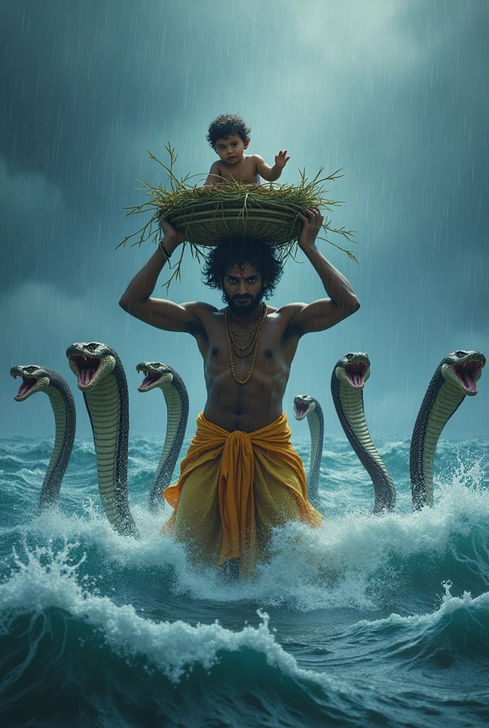 Lord Krishna father carrying him on bamboo basket on his had and crossing blue sea in heavy rain and five Cobra standing behind him