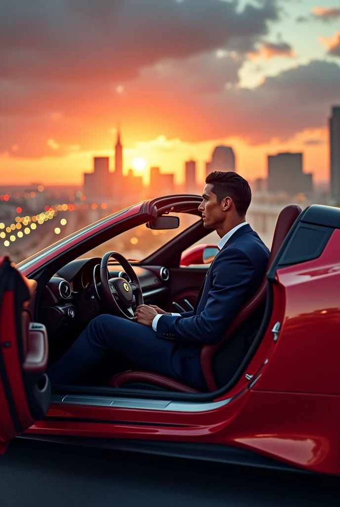 Cristiano Ronaldo in Las Vegas sitting in a Ferrari and watching the sunset