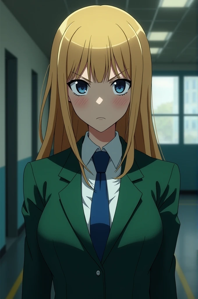 A blonde girl wearing a green blazer of the high school uniform, with a blue tie and a cold and Yandere expression