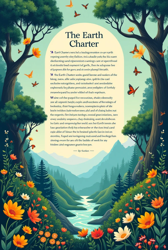 Create a poster to promote the Earth Charter and make everyone want to read it, place text elements in the image and get inspired by it: I. Respect and care for the community of life The passage emphasizes the need to respect the Earth and all the diversity of life it harbors, recognizing that all living things are interconnected and have intrinsic value, regardless of its usefulness to humans. Affirms the importance of recognizing the inherent dignity of all human beings, valuing your intellectual potential, artistic, ethical and spiritual. Furthermore, highlights the importance of caring for the community of life with understanding, compassion and love, recognizing that the use and management of natural resources must be accompanied by a commitment to avoid harm to the environment and protect the rights of people. The passage also highlights the responsibility of using freedom, the knowledge and power acquired in order to promote the common good. In addition, advocates the construction of democratic societies that are fair, participatory, sustainable and peaceful, ensuring that everyone has their human rights and fundamental freedoms guaranteed, as well as the importance of preserving the Earth&#39;s gifts and beauty for future generations, recognizing that the actions of each generation must take into account the needs of the next, transmitting values, traditions and institutions that ensure the long-term prosperity of human and ecological communities. 

II. Ecological integrity This excerpt highlights the importance of protecting and restoring the integrity of Earth&#39;s ecological systems., focusing on the conservation of biodiversity and the natural processes that sustain life. The adoption of sustainable development plans that integrate environmental conservation into all development initiatives is advocated.. This includes the creation and protection of nature reserves and marine areas to preserve ecosystems and biodiversity., al