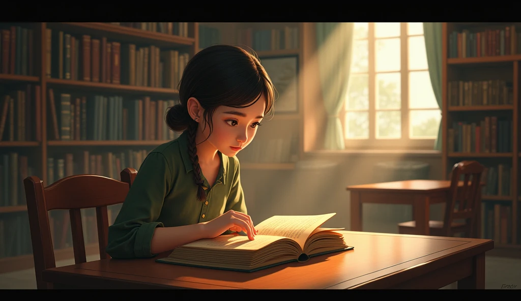 Prompt: "A quiet Mae Fah Luang university library in the late afternoon, with rows of bookshelves and a few scattered students studying. At a wooden table, PIM is intently reading an old, dusty book. Her surroundings are peaceful, but her focused expression hints at the dark history she is uncovering. The warm sunlight filtering through the windows contrasts with the ominous subject of her research."